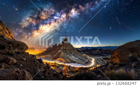 A stunning nighttime landscape features a desert, winding road, and a vibrant Milky Way 132688247