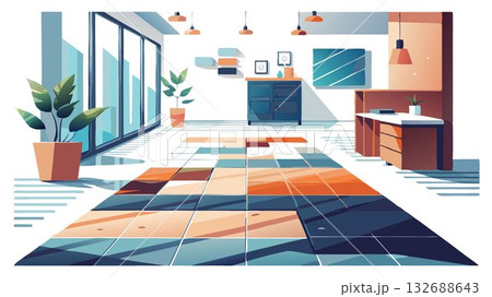 Tile flooring provides durability and easy maintenance but can be cold and less comfortable underfoot. 132688643