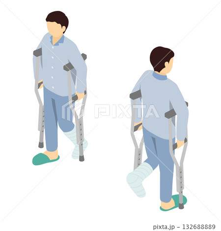 アイソメトリックイラスト:骨折して松葉杖を使う患者 アイソメトリックイラスト:骨折して松葉杖を使う患者 132688889