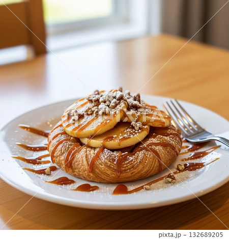 キャラメルがけのリンゴがトッピングされたデニッシュ 132689205