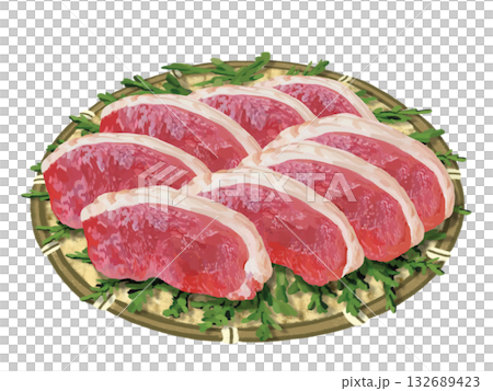 Duck meat (sliced) in a colander with cypress leaves Duck meat (sliced) in a colander with cypress leaves 132689423