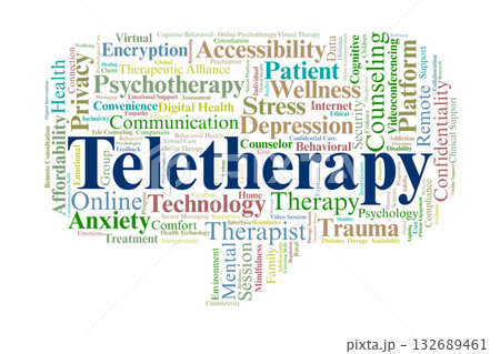 Teletherapy Word Cloud. Key Concepts On Remote Mental Health, Counseling, And Online Therapy. Teletherapy Word Cloud. Key Concepts On Remote Mental Health, Counseling, And Online Therapy. 132689461