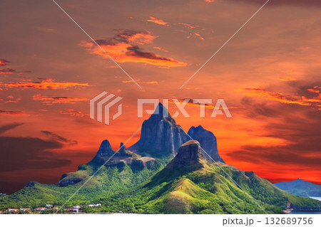 sunset in the tropical islands. beautiful panorama view of the beach in palawan, philippines 132689756