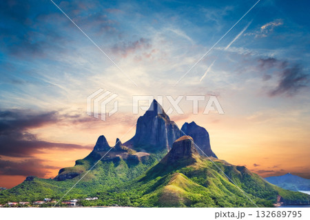 sunset in the tropical islands. beautiful panorama view of the beach in palawan, philippines 132689795