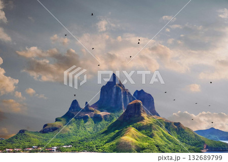 sunset in the tropical islands. beautiful panorama view of the beach in palawan, philippines 132689799