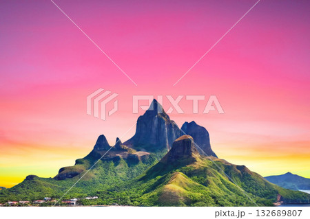 sunset in the tropical islands. beautiful panorama view of the beach in palawan, philippines 132689807