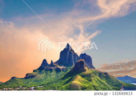 sunset in the tropical islands. beautiful panorama view of the beach in palawan, philippines 132689813