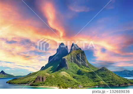 sunset in the tropical islands. beautiful panorama view of the beach in palawan, philippines 132689836