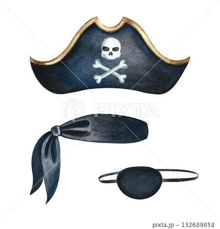 Set of pirate costume, tricorn hat, bandana, and eyepatch. Watercolor illustration, hand-drawn. For children's games and celebrations. For stickers, posters, banners, packaging, and more. Set of pirate costume, tricorn hat, bandana, and eyepatch. Watercolor illustration, hand-drawn. For children's games and celebrations. For stickers, posters, banners, packaging, and more. 132689858
