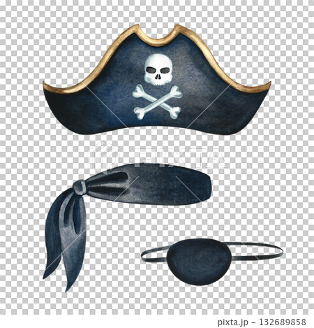Set of pirate costume, tricorn hat, bandana, and eyepatch. Watercolor illustration, hand-drawn. For children's games and celebrations. For stickers, posters, banners, packaging, and more. Set of pirate costume, tricorn hat, bandana, and eyepatch. Watercolor illustration, hand-drawn. For children's games and celebrations. For stickers, posters, banners, packaging, and more. 132689858