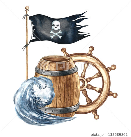 Pirate theme. Wooden barrel, pirate flag, and ship's wheel. Hand-drawn watercolor illustrations. For children's games and celebrations. For stickers, posters, banners, packaging, and more. Pirate theme. Wooden barrel, pirate flag, and ship's wheel. Hand-drawn watercolor illustrations. For children's games and celebrations. For stickers, posters, banners, packaging, and more. 132689861