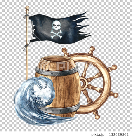 Pirate theme. Wooden barrel, pirate flag, and ship's wheel. Hand-drawn watercolor illustrations. For children's games and celebrations. For stickers, posters, banners, packaging, and more. Pirate theme. Wooden barrel, pirate flag, and ship's wheel. Hand-drawn watercolor illustrations. For children's games and celebrations. For stickers, posters, banners, packaging, and more. 132689861