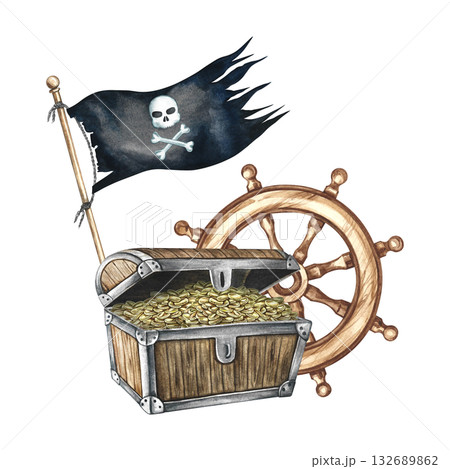 An old chest with gold coins, a pirate flag, and a ship's wheel. Hand-drawn watercolor illustrations. For children's games and celebrations. For stickers, posters, banners, packaging, and more. 132689862