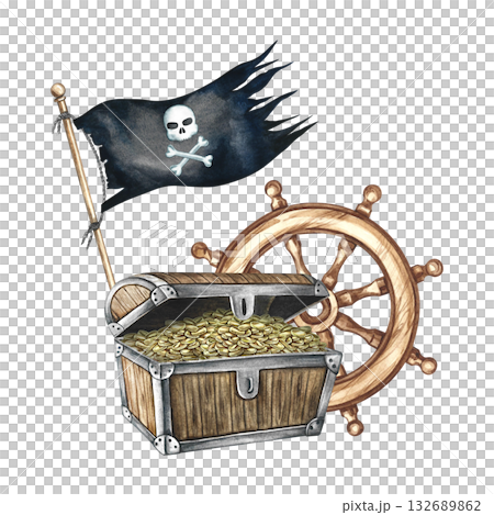 An old chest with gold coins, a pirate flag, and a ship's wheel. Hand-drawn watercolor illustrations. For children's games and celebrations. For stickers, posters, banners, packaging, and more. 132689862