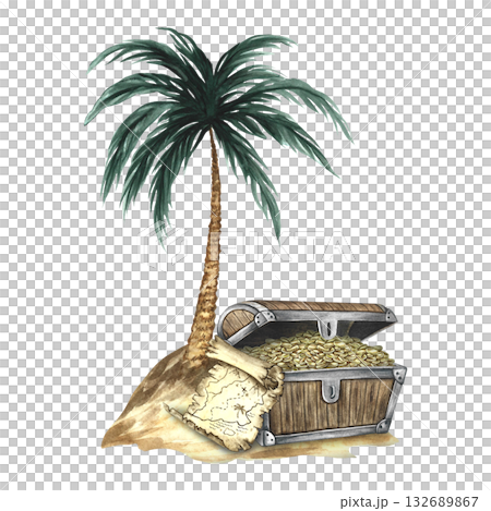 Treasure Island. Hand-drawn watercolor illustrations. Color image. Isolate. An old chest with gold coins on an island under a palm tree. For children s games, celebrations, stickers, posters, banners. Treasure Island. Hand-drawn watercolor illustrations. Color image. Isolate. An old chest with gold coins on an island under a palm tree. For children s games, celebrations, stickers, posters, banners. 132689867