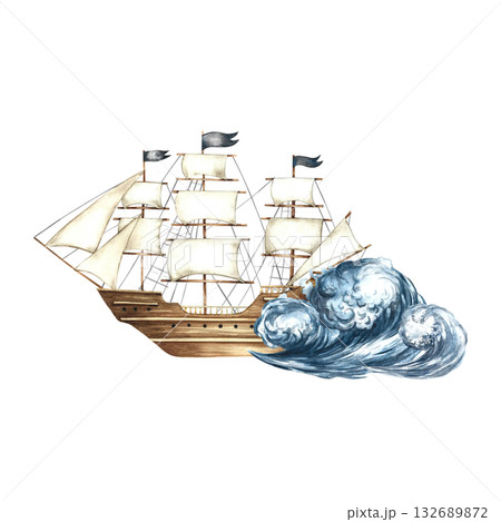 An old ship with sails on a sea wave. Hand-drawn watercolor illustrations. Color image. Isolate. For children s games and celebrations. For stickers, invitation cards, posters and banners, packaging. An old ship with sails on a sea wave. Hand-drawn watercolor illustrations. Color image. Isolate. For children s games and celebrations. For stickers, invitation cards, posters and banners, packaging. 132689872
