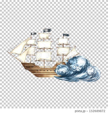 An old ship with sails on a sea wave. Hand-drawn watercolor illustrations. Color image. Isolate. For children s games and celebrations. For stickers, invitation cards, posters and banners, packaging. An old ship with sails on a sea wave. Hand-drawn watercolor illustrations. Color image. Isolate. For children s games and celebrations. For stickers, invitation cards, posters and banners, packaging. 132689872