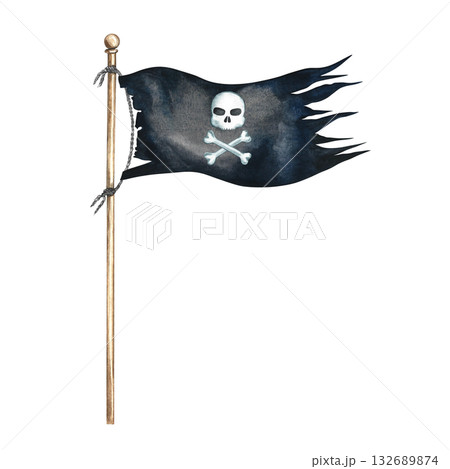 An old torn pirate flag. Hand-drawn watercolor illustrations. Color image. Isolate. For children s games and celebrations. For stickers, invitation cards, posters and banners, packaging, and more. 132689874