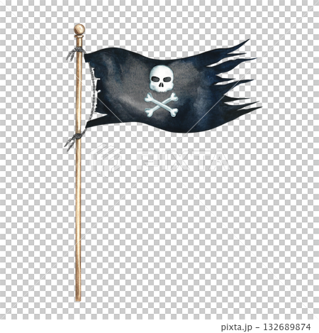 An old torn pirate flag. Hand-drawn watercolor illustrations. Color image. Isolate. For children s games and celebrations. For stickers, invitation cards, posters and banners, packaging, and more. 132689874
