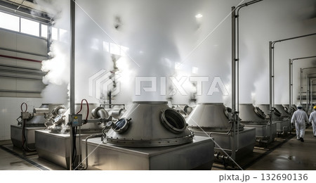 Vast industrial facility processing maple sap using stainless steel evaporators, emphasizing large-scale food manufacturing, hygiene, and modern production technology. AI Generated Vast industrial facility processing maple sap using stainless steel evaporators, emphasizing large-scale food manufacturing, hygiene, and modern production technology. AI Generated 132690136