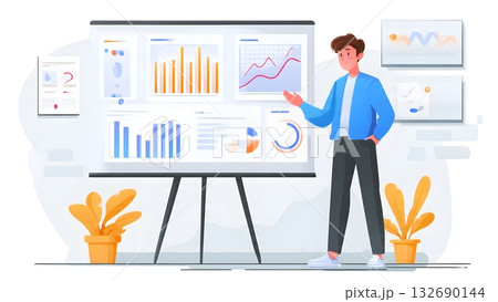 Flat illustration of a marketer presenting digital marketing, SEO, and social media campaign results using diverse charts and data visualizations. AI Generated 132690144