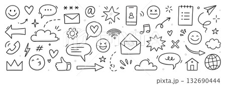 Emoji media hand drawn doodle icon set. Internet conversation, media outline tech emoji, star, arrow shape. Hand drawn sketch chat emoticon, digital cloud, smile face elements. Vector Emoji media hand drawn doodle icon set. Internet conversation, media outline tech emoji, star, arrow shape. Hand drawn sketch chat emoticon, digital cloud, smile face elements. Vector 132690444