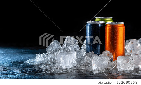 Three colorful, chilled aluminum cans of energy drink or soda drink surrounded by ice and condensation on a dark, wet surface. Dramatic low-key studio photography emphasizes coldness. AI Generated Three colorful, chilled aluminum cans of energy drink or soda drink surrounded by ice and condensation on a dark, wet surface. Dramatic low-key studio photography emphasizes coldness. AI Generated 132690558
