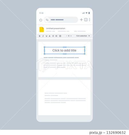 mobile presentation editor application interface showing slides with title placeholder clean UI includes toolbar visualizing mobile business presentation concept mobile presentation editor application interface showing slides with title placeholder clean UI includes toolbar visualizing mobile business presentation concept 132690632