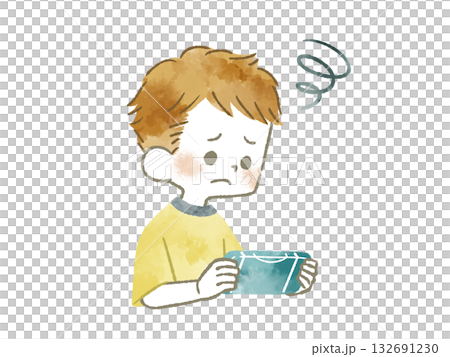 一個孩子在玩遊戲，臉上帶著憂慮的表情──水彩畫 132691230