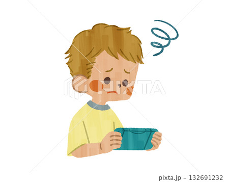 困った表情でゲームをしている子供-ガッシュ 132691232