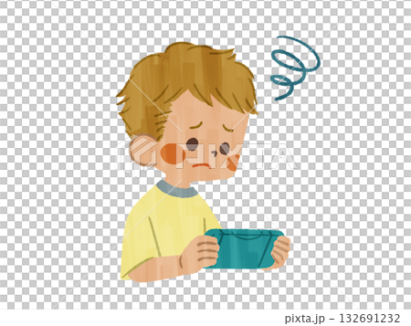 困った表情でゲームをしている子供-ガッシュ 132691232
