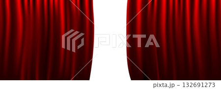 Red velvet curtains background. Open curtain wallpaper for theater stage or cinema, circus. Velvet textile room scene screen concept. Wavy fabric drapery backdrop for award, show, performance. Vector 132691273