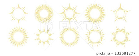Gold wavy sunburst frame set. Golden curly radial sun light border collection. Vintage royal sun beams or rays pack for cadre, decor, label, badge, emblem. Vector yellow retro round boarder bundle Gold wavy sunburst frame set. Golden curly radial sun light border collection. Vintage royal sun beams or rays pack for cadre, decor, label, badge, emblem. Vector yellow retro round boarder bundle 132691277