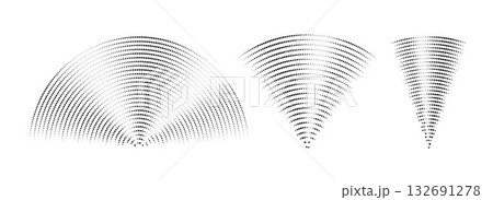 Dotted sound wave signal set. Radial radio or music audio icon collection. Rippled radar vibration element sign bundle. Black dashed curved impulse pack. Echo soundwave symbols. Vector illustration 132691278