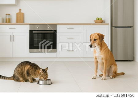 dog sitting next to cat eating food in modern kitchen interior dog sitting next to cat eating food in modern kitchen interior 132691450