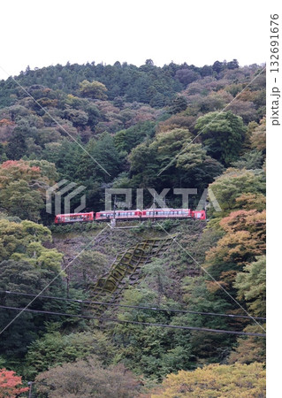 スイッチバックで列車がすれ違う箱根登山電車の出山信号場 132691676