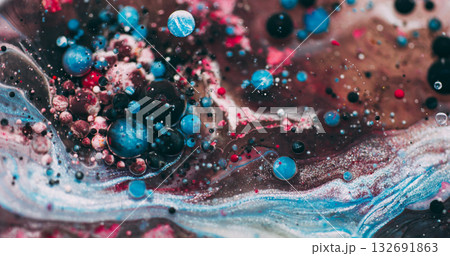Color bubbles. Paint oil pigment. Defocused blue pink emulsion fluid dark black mix liquid round floating on abstract art background. Color bubbles. Paint oil pigment. Defocused blue pink emulsion fluid dark black mix liquid round floating on abstract art background. 132691863