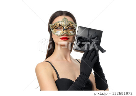 Woman in black dress with a gift box, isolated, PNG Woman in black dress with a gift box, isolated, PNG 132691972