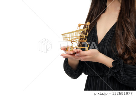 Woman with tiny cart for Black Friday sales, isolated, PNG 132691977