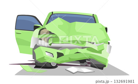 Car accident caused severe damage. Green sedan was dented and the front bumper was broken. Front hood was bent and opened. Engine was damaged and oil was leaking. 132691981