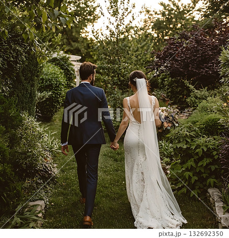 Bride and groom are walking down a path in a garden 132692350