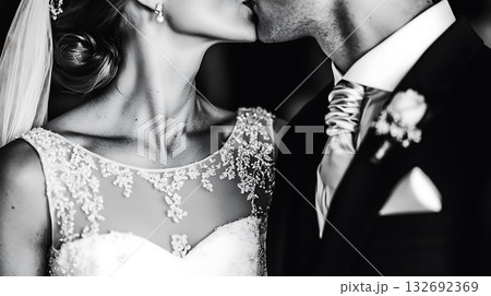 Bride and groom kiss in a wedding photo 132692369