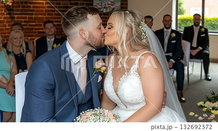 Bride and groom kiss in front of a crowd Bride and groom kiss in front of a crowd 132692372