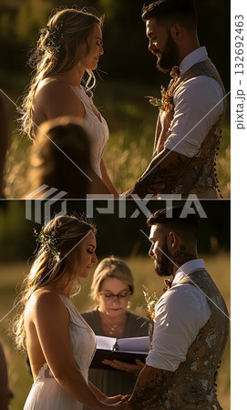 Bride and groom are getting married in a field 132692463