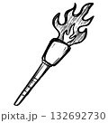 Black and white doodle illustration of a burning torch with flame. Hand-drawn sketch style, perfect for design elements, icons, logos, adventure themes, survival concepts, or vintage artwork. 132692730
