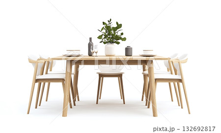 A wooden dining table with six chairs around it and a potted plant in the middle A wooden dining table with six chairs around it and a potted plant in the middle 132692817