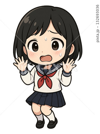 ビックリして両手を上げて後ろに飛び下がっているセーラー服を着た女子高生 ビックリして両手を上げて後ろに飛び下がっているセーラー服を着た女子高生 132693036