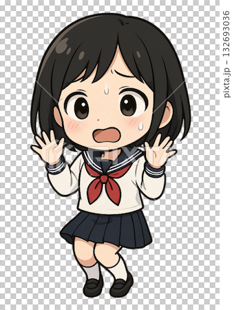 ビックリして両手を上げて後ろに飛び下がっているセーラー服を着た女子高生 ビックリして両手を上げて後ろに飛び下がっているセーラー服を着た女子高生 132693036