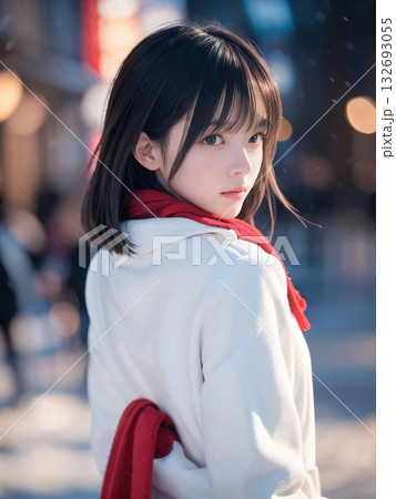 クリスマスイルミネーションの輝く雪の夜に寂しげにたたずむ若い女性 132693055