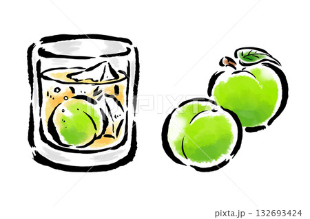 グラスに入った梅酒と梅の実　筆タッチ手描きイラスト 132693424